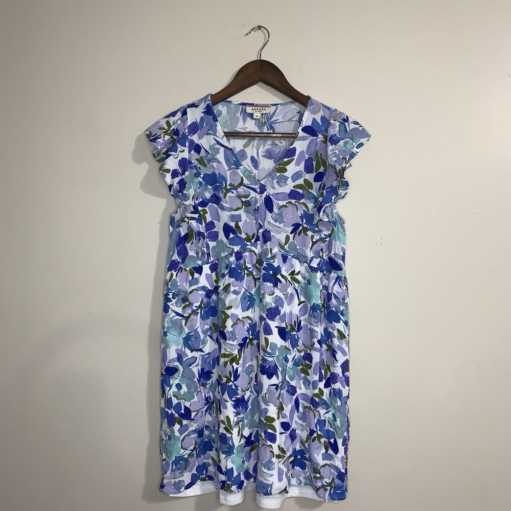 Andreé by UNIT Blue White Floral Ruffle Babydoll Spring Dress Lined Size Small